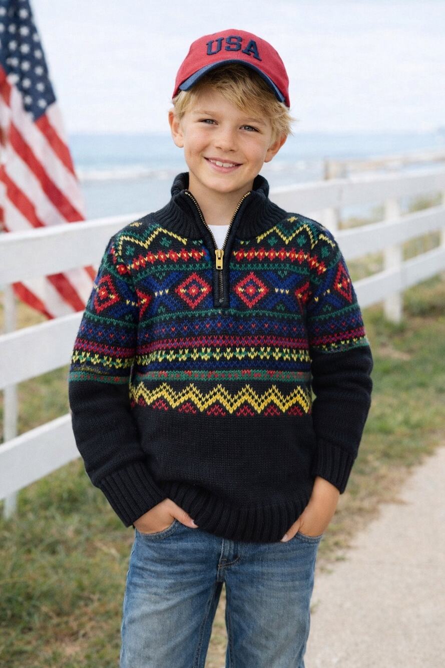 Polo Ralph Lauren Vintage Kid’s Boy’s Knit Quarter Zip Sweater Fair Isle 8